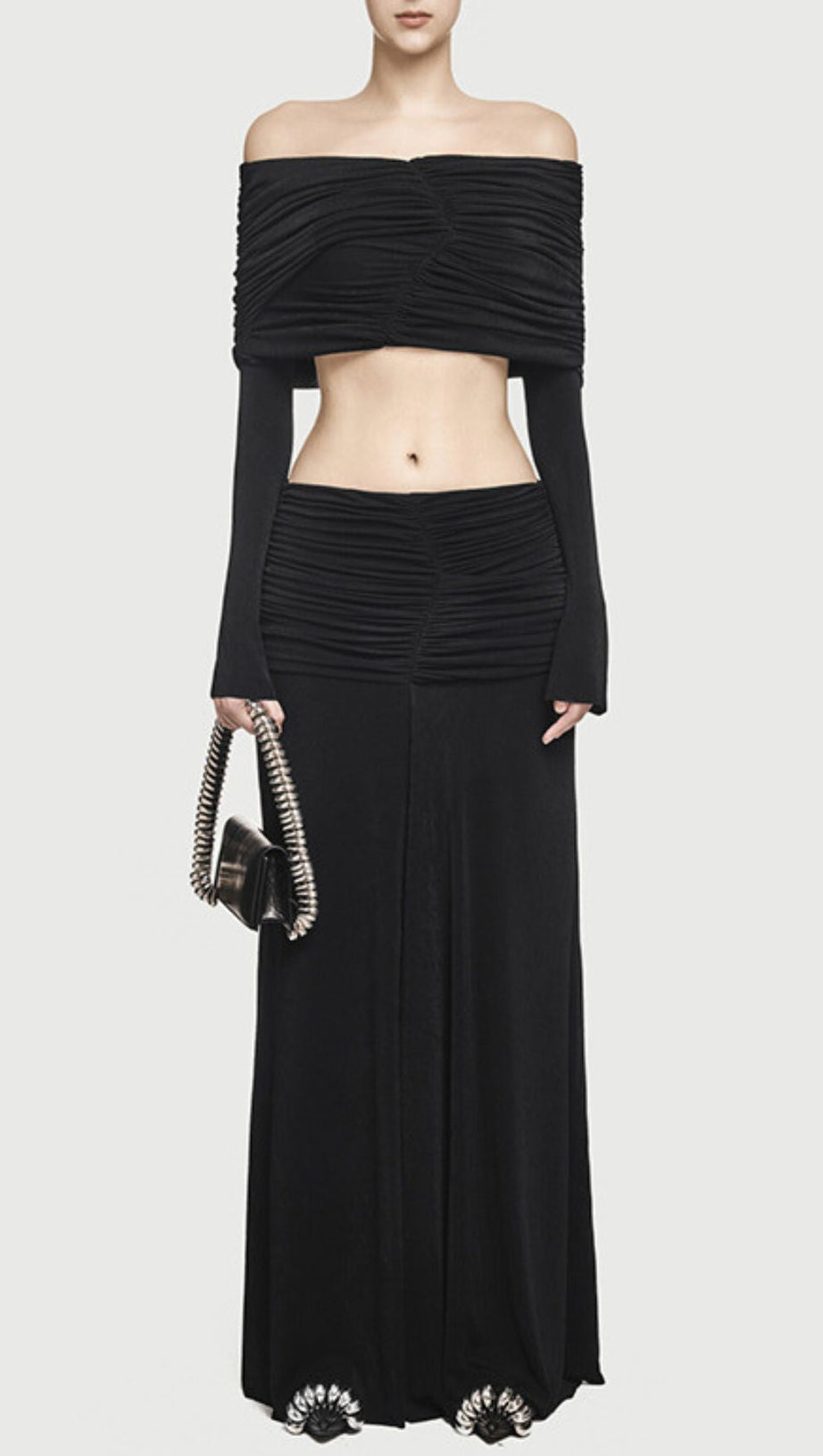 Jamuna Elegant Ruched Two-Piece Maxi Skirt Set - Off-Shoulder Crop Top