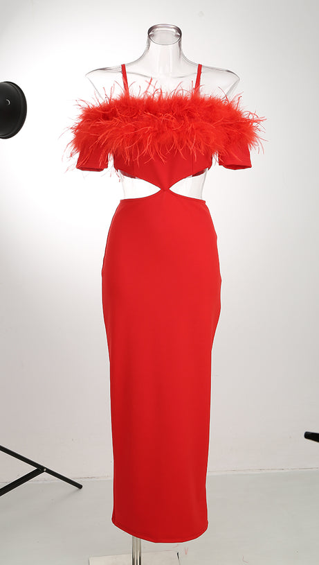 OFF-SHOULDER FEATHER PANEL RED DRESS