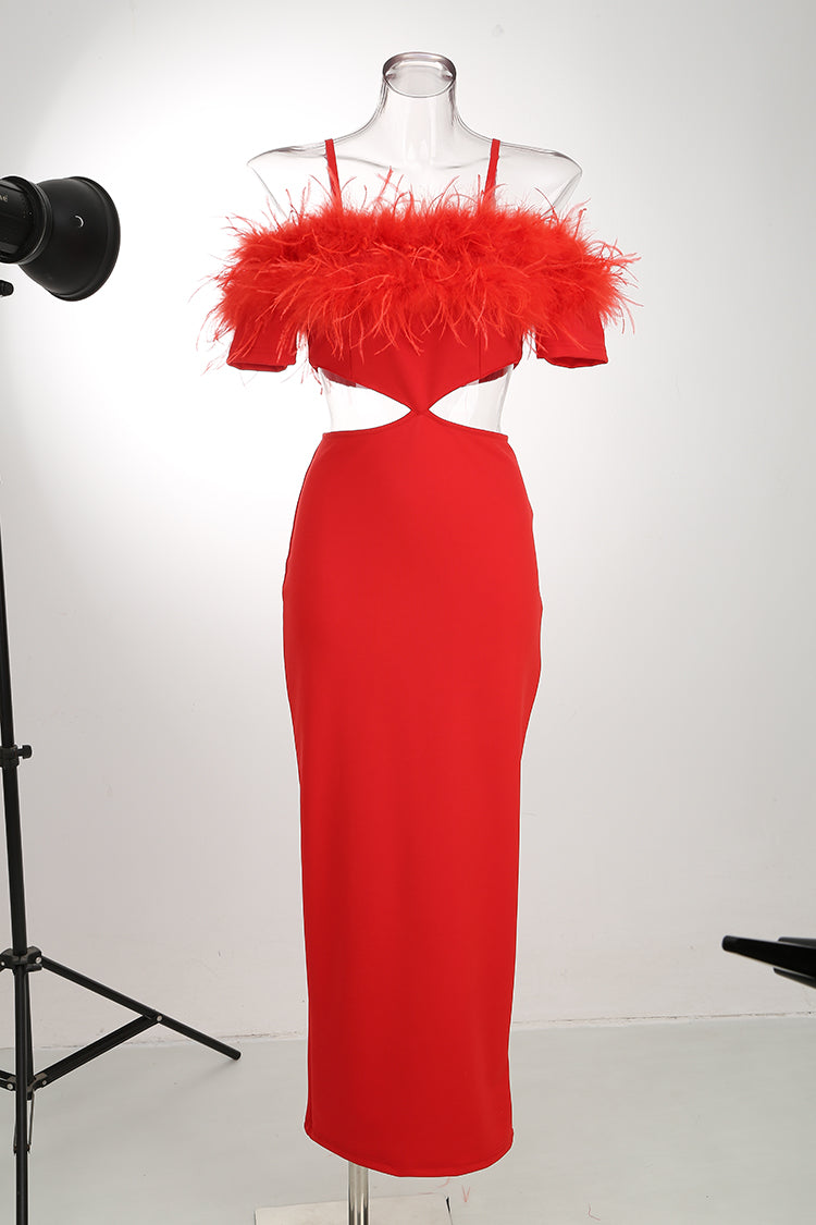Off-shoulder feather panel red dress