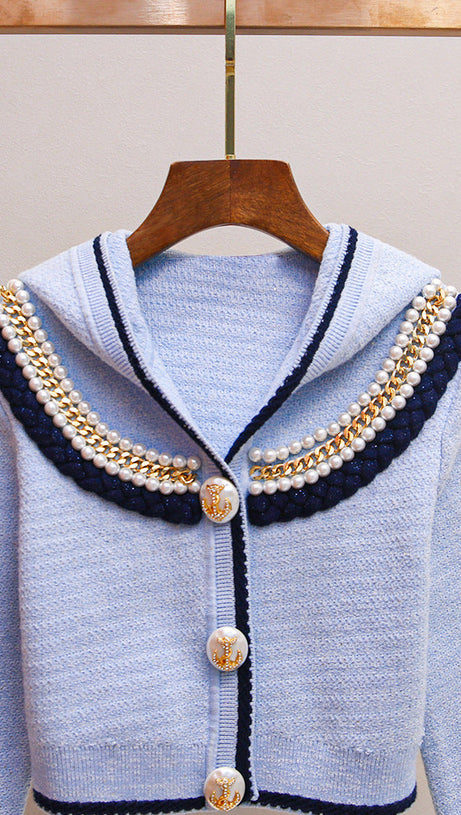 HUMANA BLUE BEADED CARDIGAN | CHIC NAUTICAL KNIT WITH PEARL & ANCHOR DETAILS