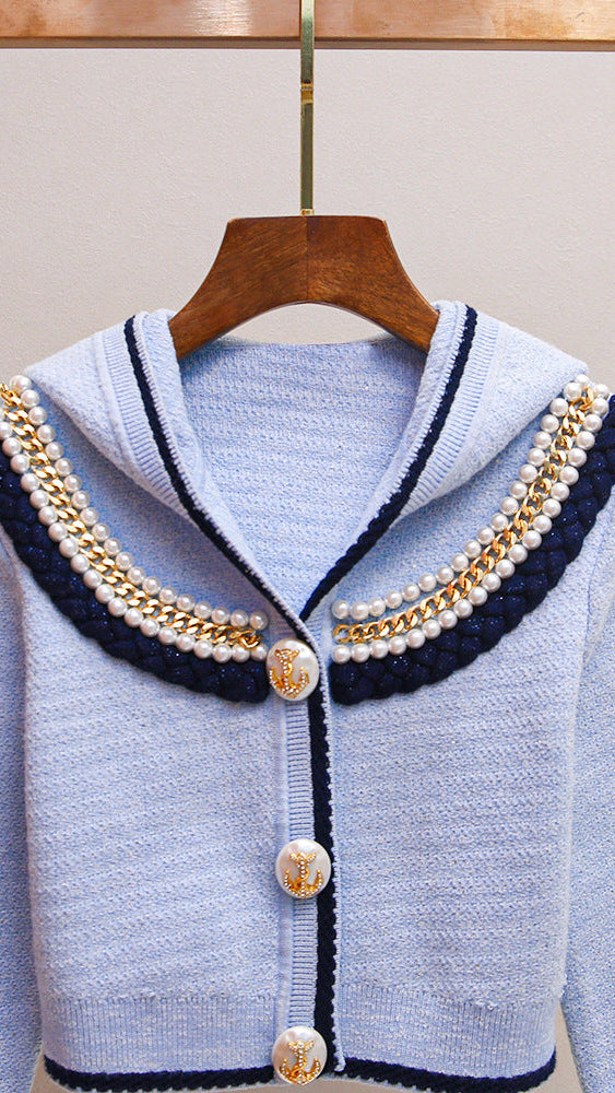 AIIZIE HUMANA BLUE BEADED CARDIGAN | CHIC NAUTICAL KNIT WITH PEARL & ANCHOR DETAILS - product image