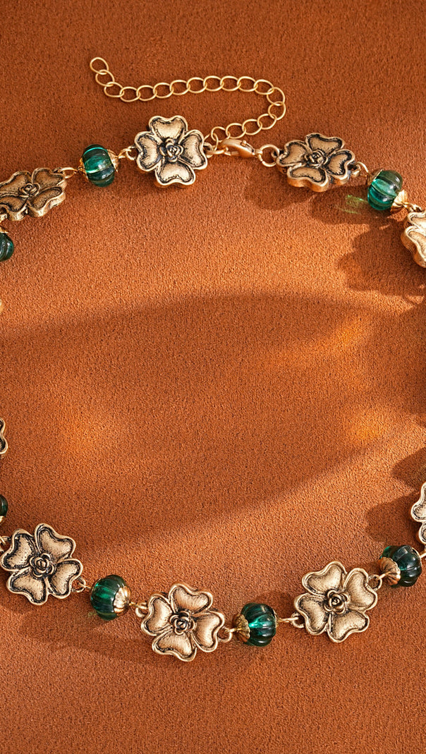 AIIZIE Jacoby Vintage Floral & Teal Beaded Choker Necklace for Women - product image