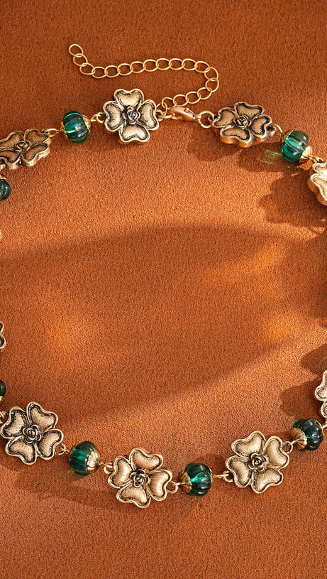 Jacoby Vintage Floral & Teal Beaded Choker Necklace for Women