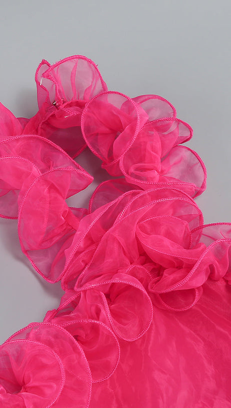HOT PINK ORGANZA RUFFLED HALTER MINI DRESS