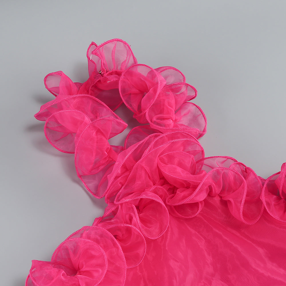 AIIZIE HOT PINK ORGANZA RUFFLED HALTER MINI DRESS - product image