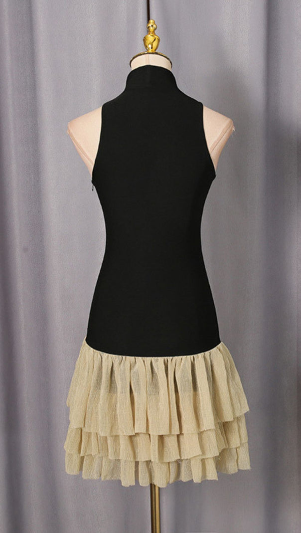 AIIZIE Jacarra Chic Black Halter Turtleneck Ruffle Tiered Mini Dress - product image