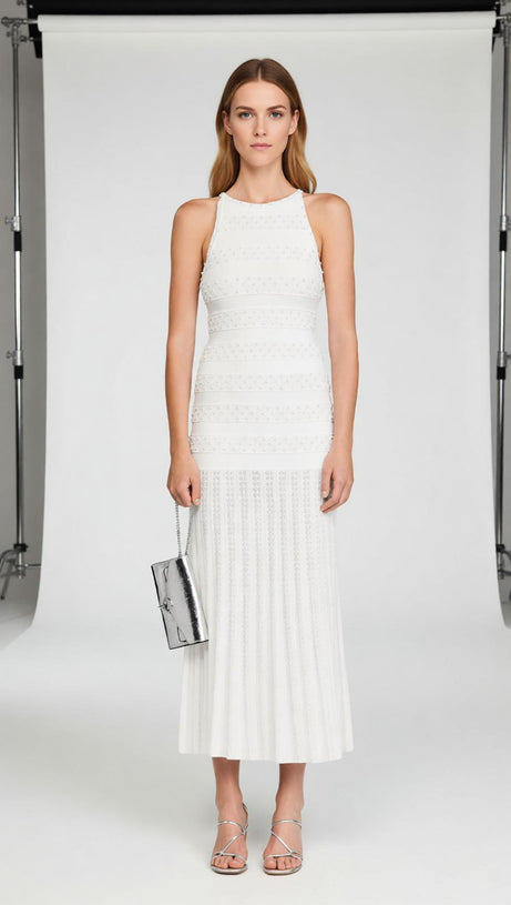 Elegant White Faux Pearl Beaded Midi Dress | Sleeveless Pleated Gown