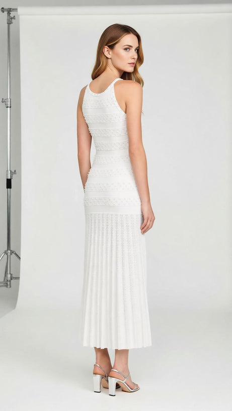 Elegant White Faux Pearl Beaded Midi Dress | Sleeveless Pleated Gown