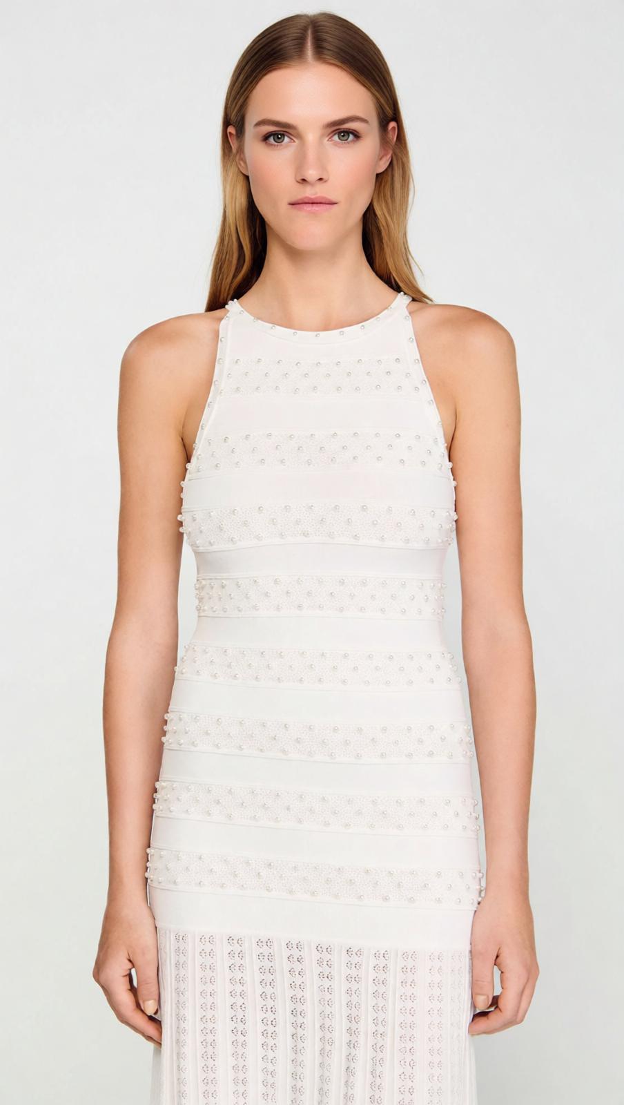 Elegant White Faux Pearl Beaded Midi Dress | Sleeveless Pleated Gown