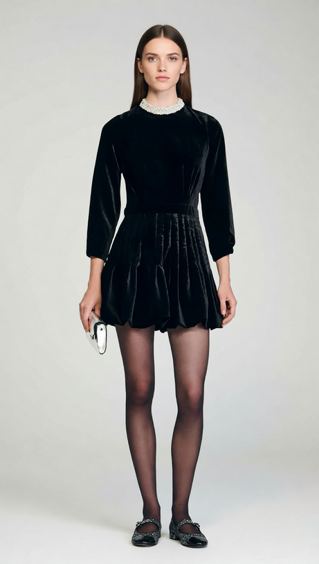 Chic Black Velvet Mini Dress with Beaded Collar & Bubble Skirt