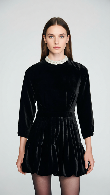 Chic Black Velvet Mini Dress with Beaded Collar & Bubble Skirt