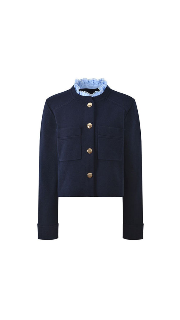 AIIZIE Chic Navy Cropped Cardigan with Detachable Ruffled Collar & Gold Buttons - product image