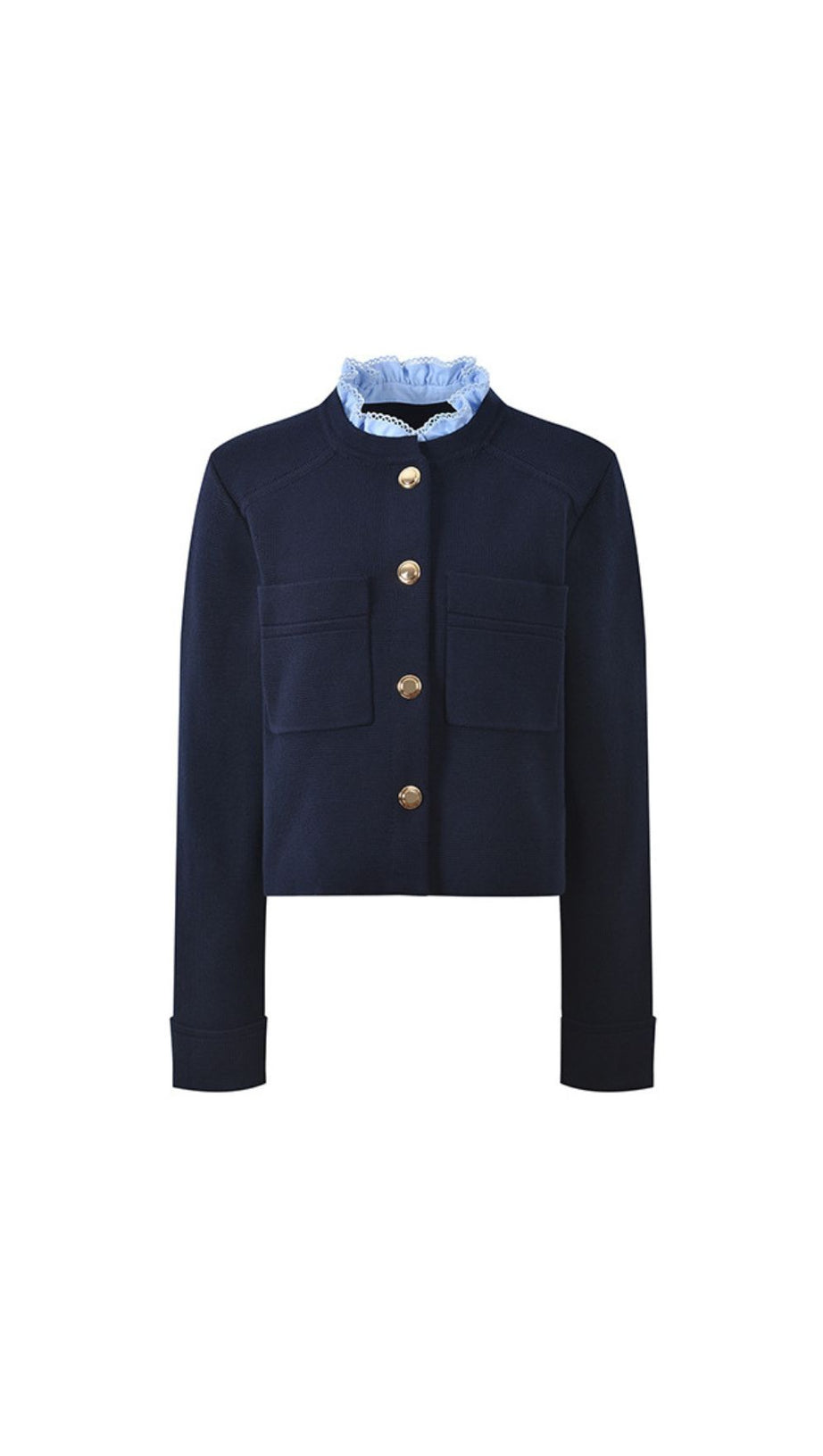 Chic Navy Cropped Cardigan with Detachable Ruffled Collar & Gold Buttons