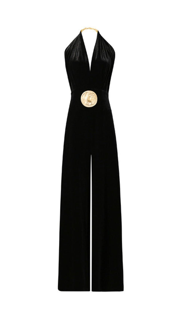 AIIZIE BRYTNI HALTERNECK VELVET JUMPSUIT | ELEGANT WIDE-LEG WITH STATEMENT GOLD BUCKLE - product image