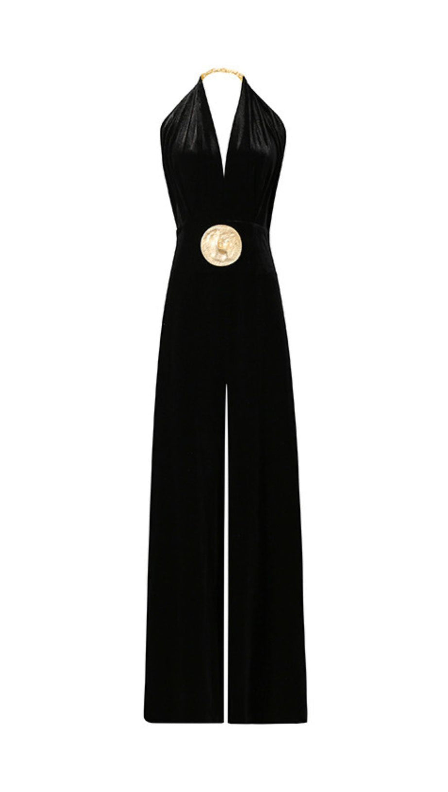 BRYTNI HALTERNECK VELVET JUMPSUIT | ELEGANT WIDE-LEG WITH STATEMENT GOLD BUCKLE