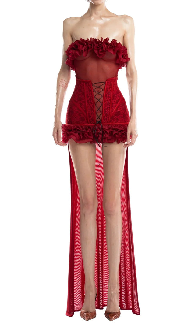 AIIZIE ANNA 3D FLOWER LACE STRAPLESS MINI DRESS IN RED - product image