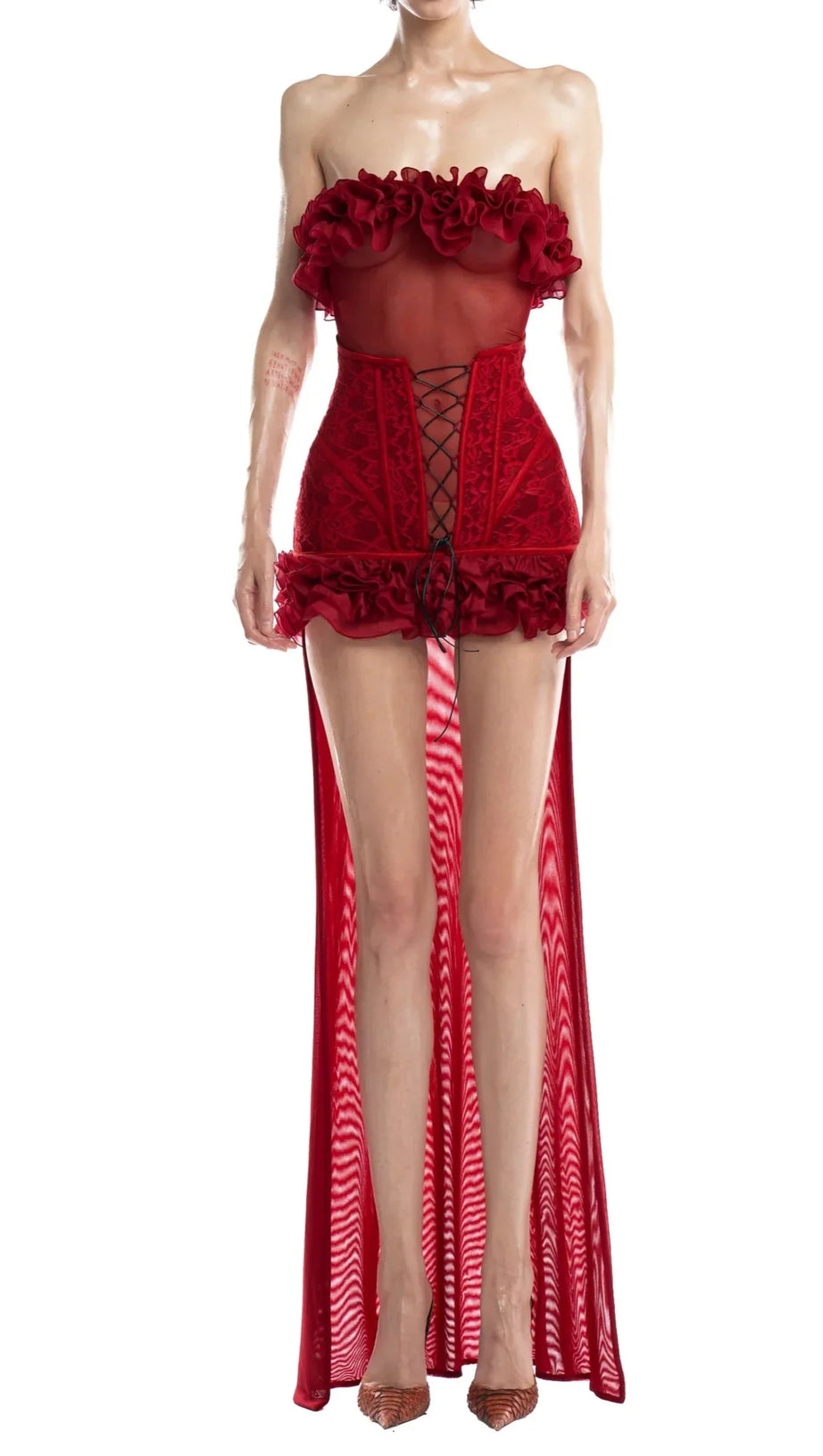 ANNA 3D FLOWER LACE STRAPLESS MINI DRESS IN RED