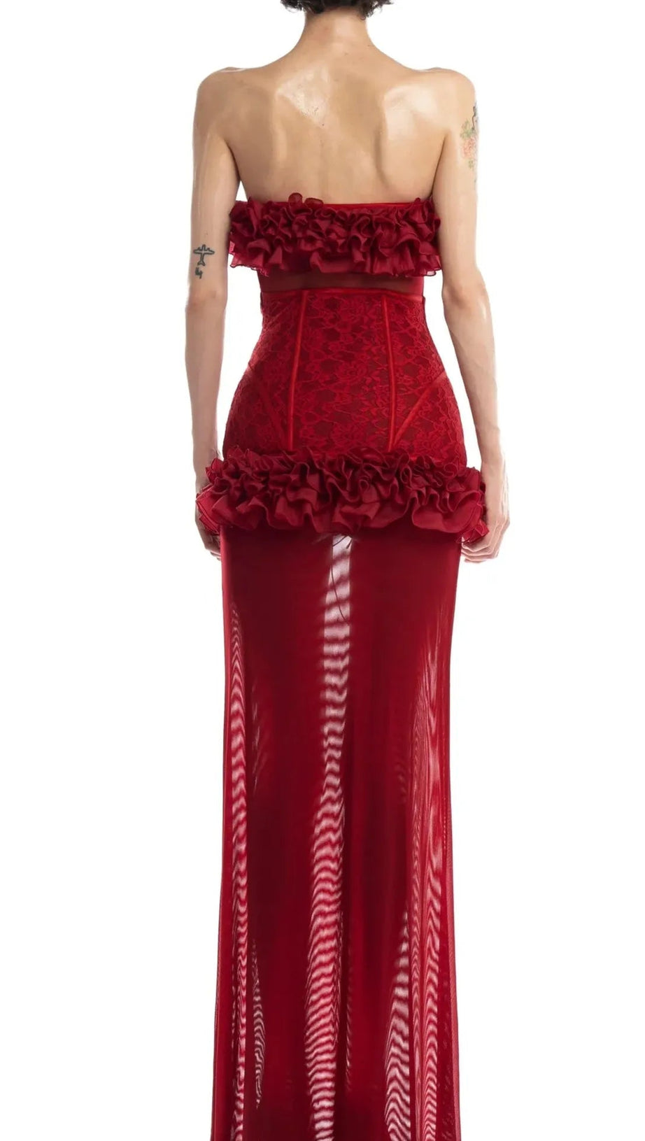 ANNA 3D FLOWER LACE STRAPLESS MINI DRESS IN RED