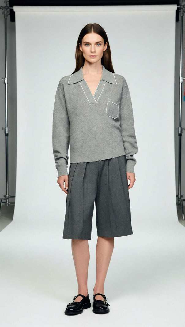 AIIZIE Berlin Chic Knit Polo Sweater with Contrast Piping | Women's Grey V-Neck Top - product image