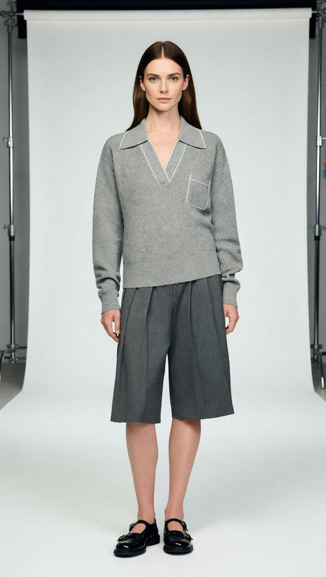 Berlin Chic Knit Polo Sweater with Contrast Piping | Women's Grey V-Neck Top