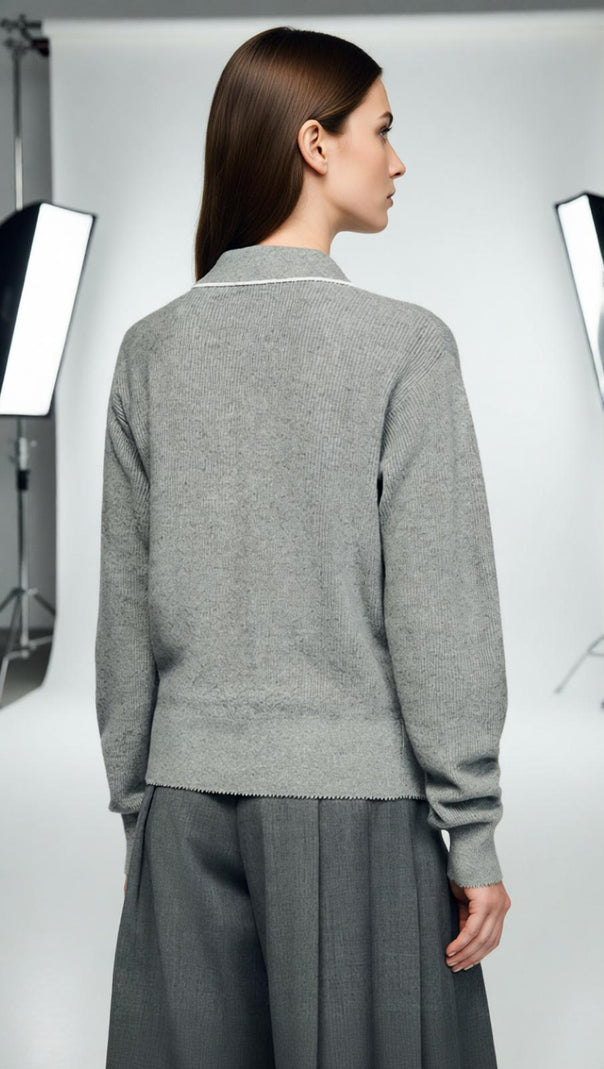 AIIZIE Berlin Chic Knit Polo Sweater with Contrast Piping | Women's Grey V-Neck Top - product image