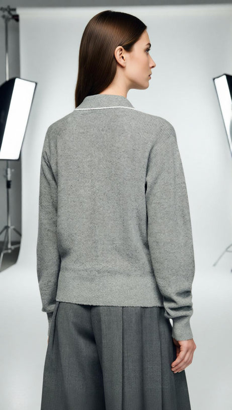 Berlin Chic Knit Polo Sweater with Contrast Piping | Women's Grey V-Neck Top