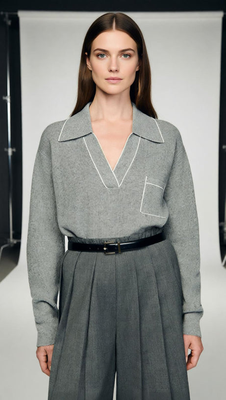 Berlin Chic Knit Polo Sweater with Contrast Piping | Women's Grey V-Neck Top