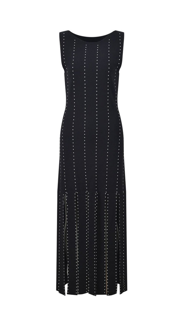 AIIZIE Glamorous Black Studded Fringe Bodycon Midi Dress | Sleeveless & Chic - product image