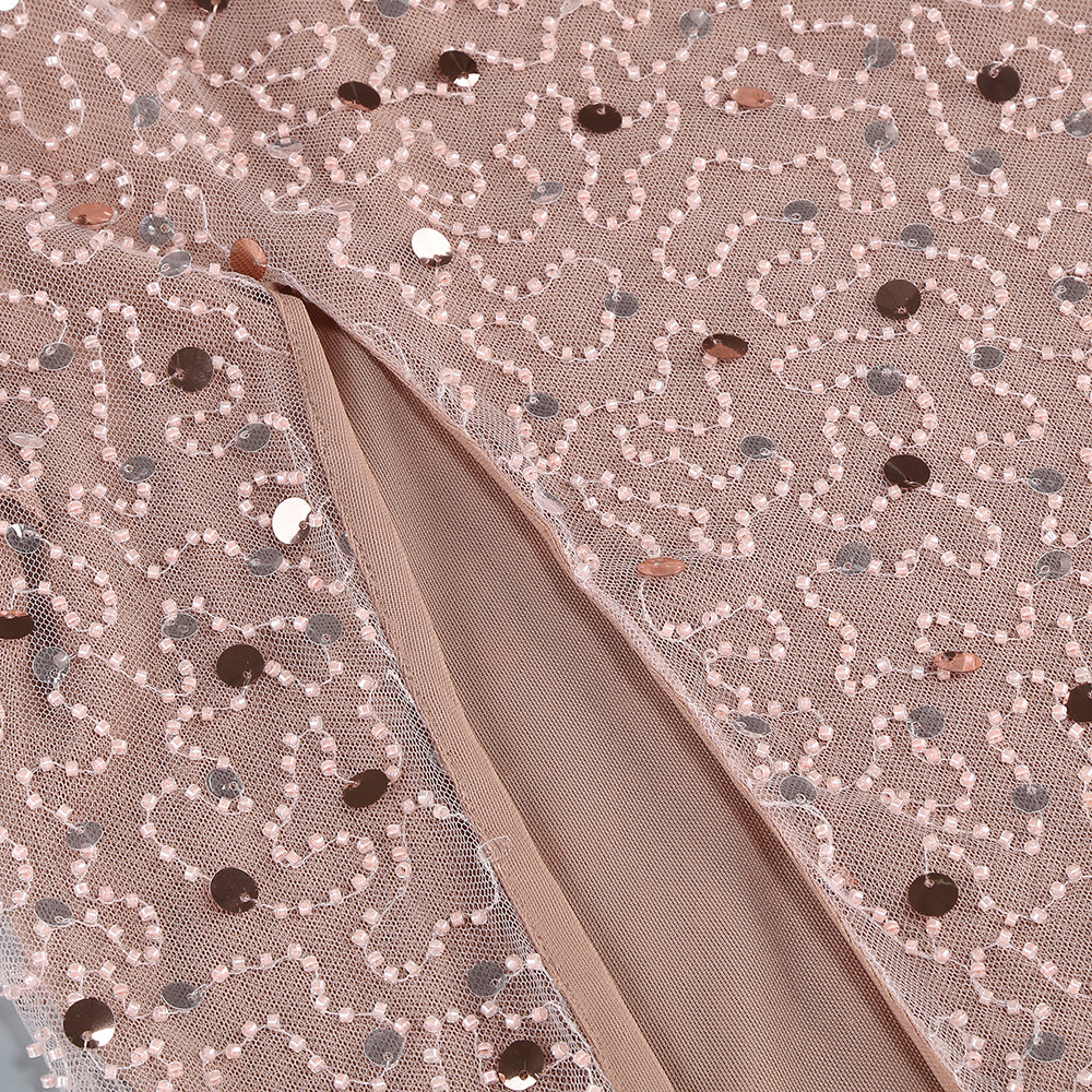 AIIZIE CRYSTAL LEAF EMBELLISHED SEQUIN MAXI DRESS IN PALE BROWN - product image