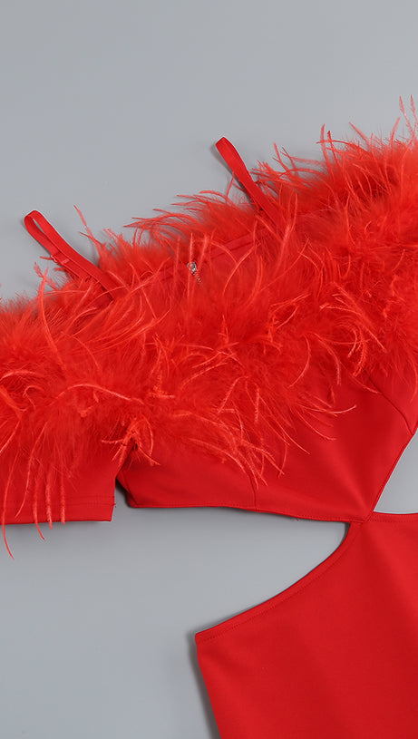 OFF-SHOULDER FEATHER PANEL RED DRESS