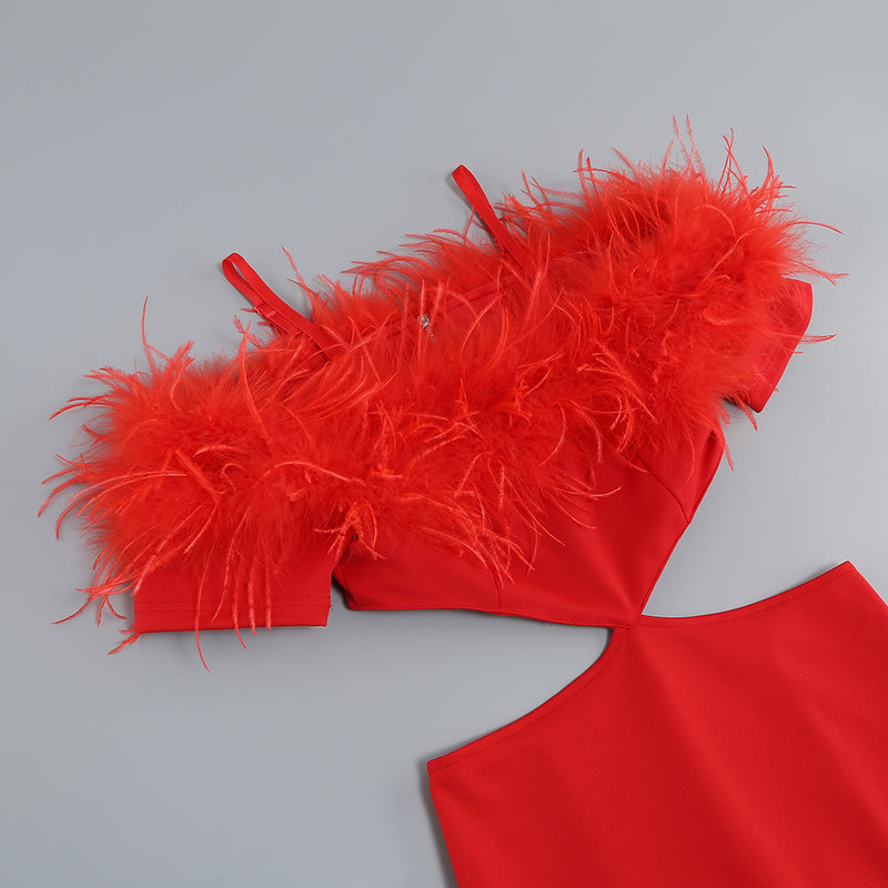 Off-shoulder feather panel red dress