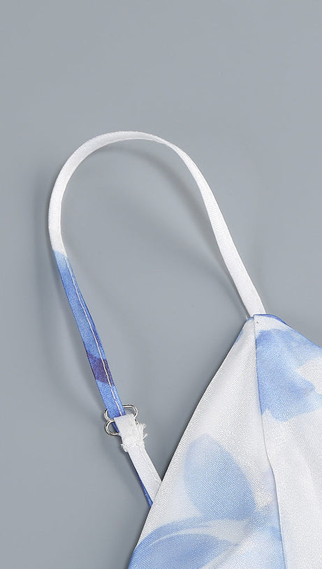 BELINDA BLUE FLORAL VERTICAL RUFFLE TRIM MAXI DRESS