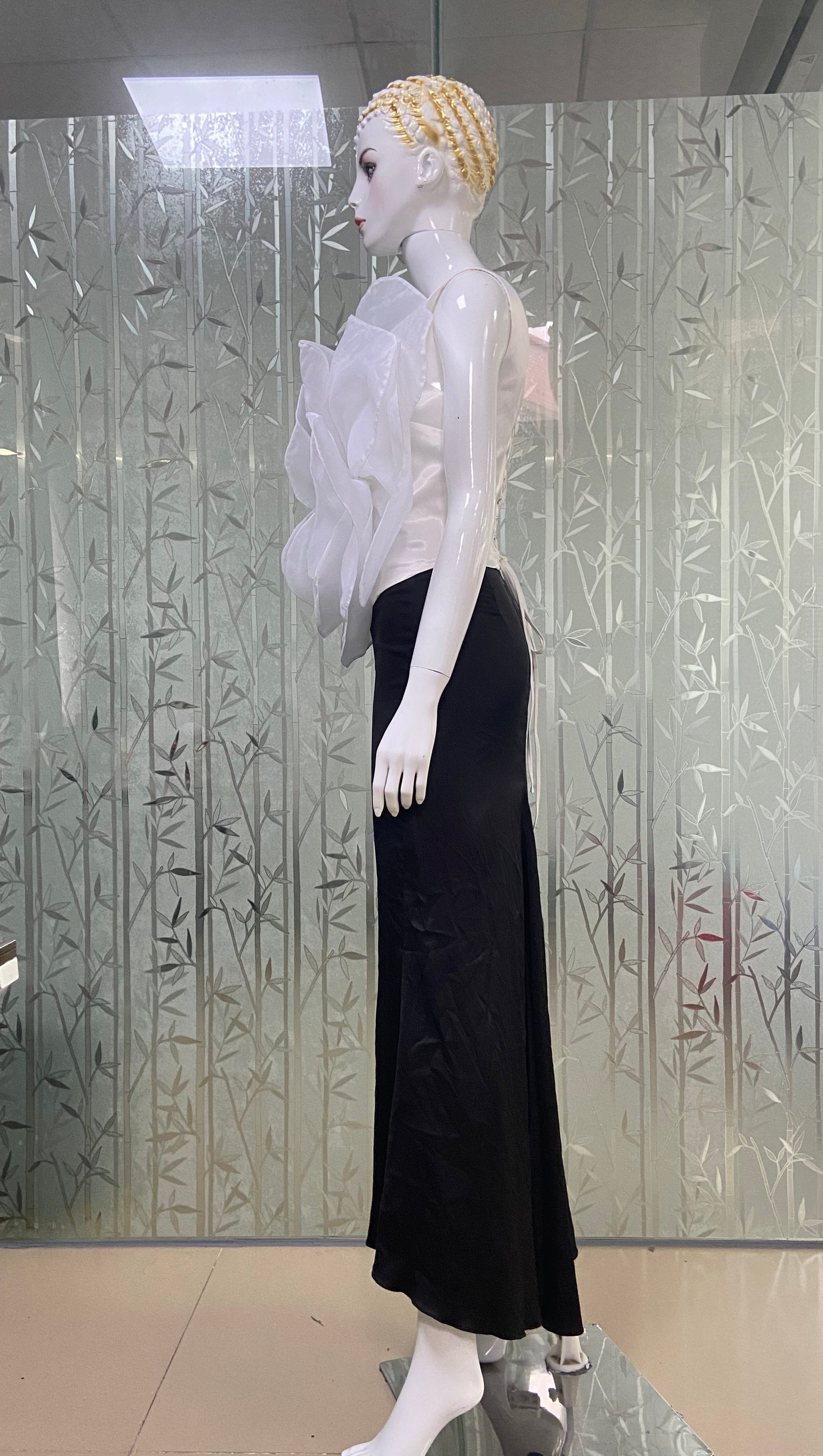 AIIZIE 3D WHITE FLOWER ONE-SHOULDER MAXI DRESS IN BLACK - product image