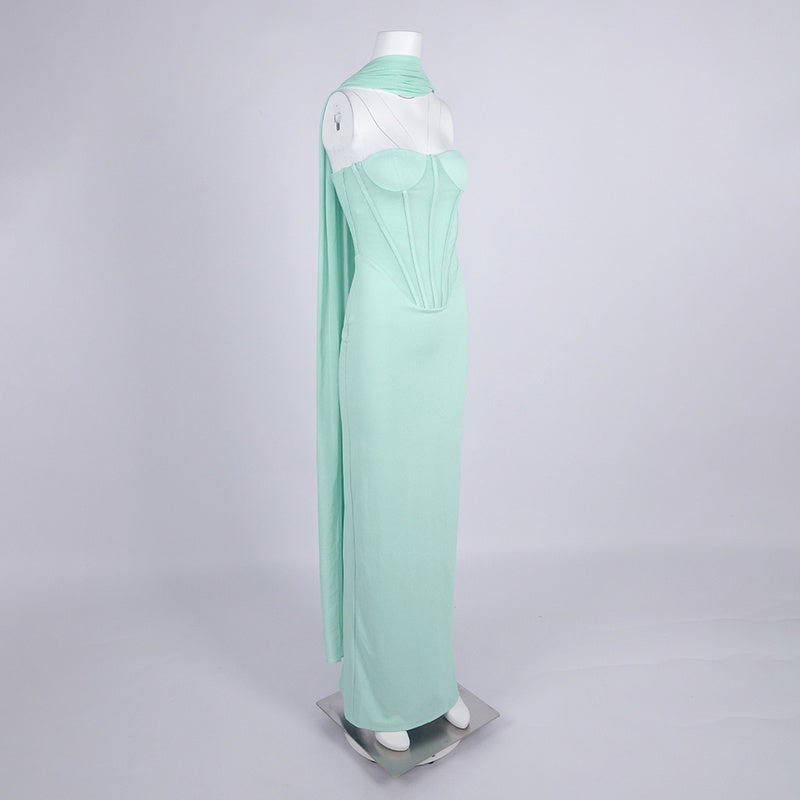 ANNA STRAPLESS  MESH SCARF CORSET MAXI DRESS IN GREEN