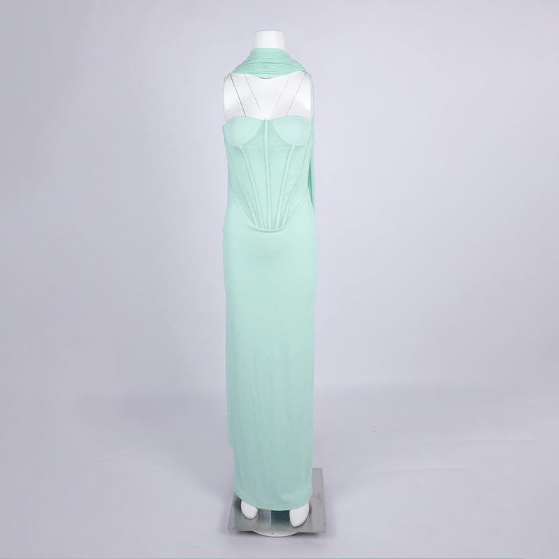 ANNA STRAPLESS  MESH SCARF CORSET MAXI DRESS IN GREEN