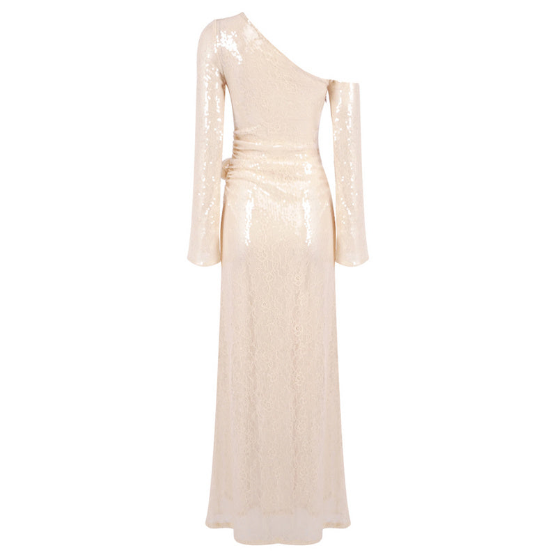 ONE-SHOULDER FLOWER EMBELLISHED SEQUIN MAXI DRESS IN APRICOT