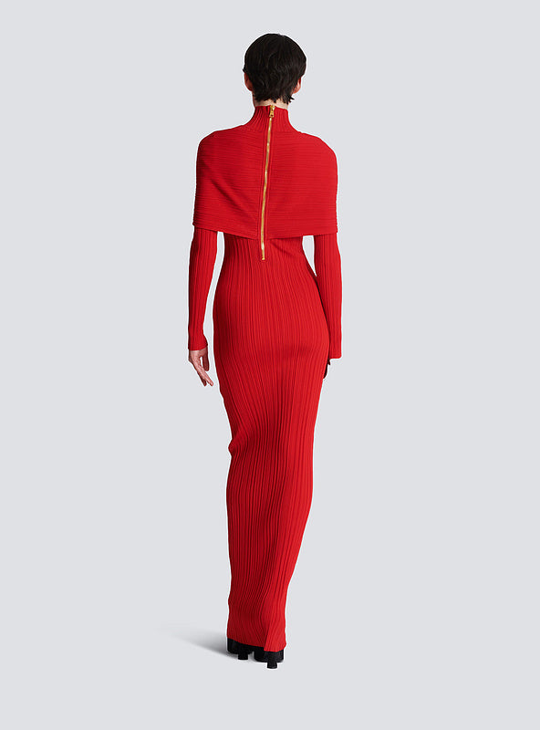 LONG SLEEVE PLEATED KNIT MAXI DRESS IN RED