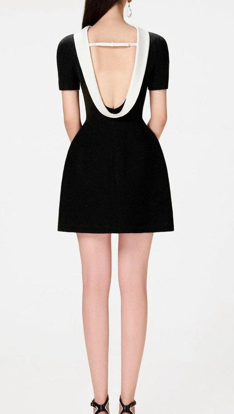 COWL NECK BACKLESS MINI DRESS IN BLACK