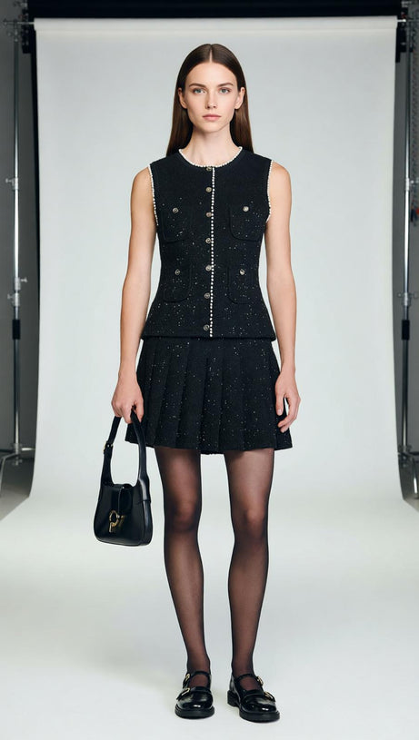 Chic Black Sparkle Tweed Sleeveless Vest Top with Pearl Buttons
