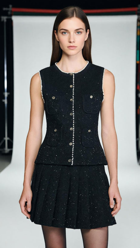 Chic Black Sparkle Tweed Sleeveless Vest Top with Pearl Buttons