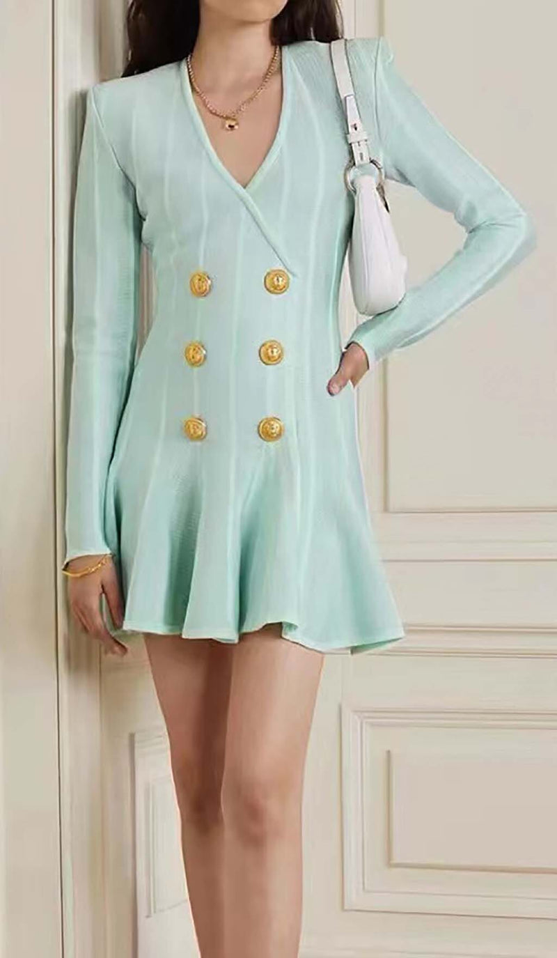 BUTTON-EMBELLISHED MESH MINI DRESS IN MINT