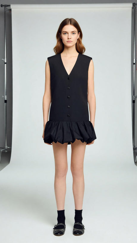 Chic V-Neck Button-Front Bubble Hem Mini Dress