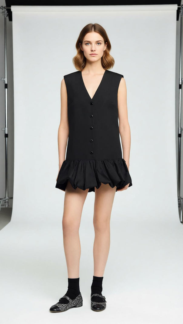 AIIZIE Chic V-Neck Button-Front Bubble Hem Mini Dress - product image