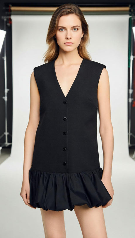 Chic V-Neck Button-Front Bubble Hem Mini Dress