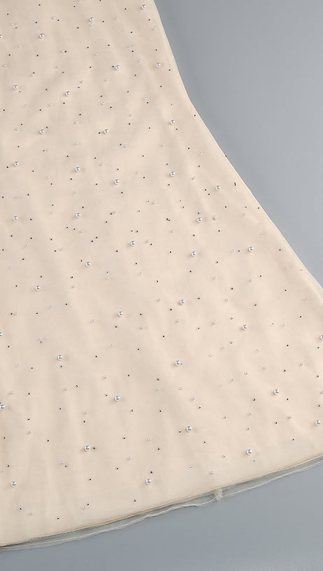 Schulterfreies, tailliertes, perlenverziertes Fischschwanzkleid 