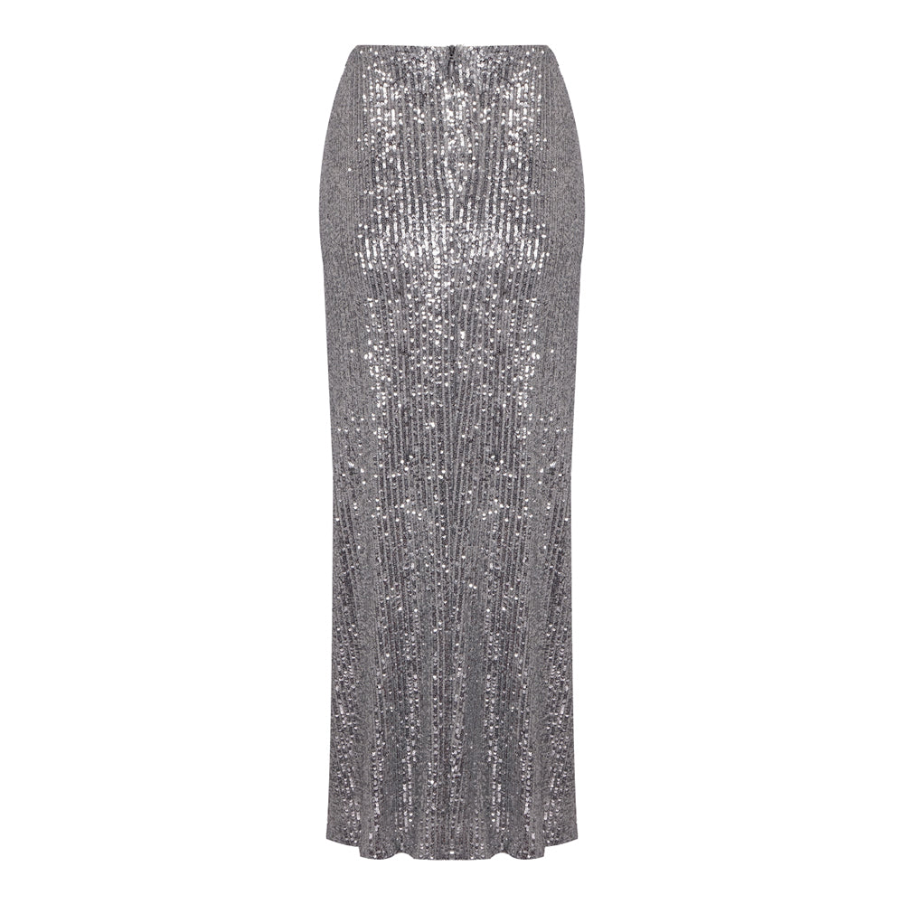 AIIZIE ELVIRA FLORAL-APPLIQUÉ SEQUINED MAXI SKIRT IN SLIVER - product image