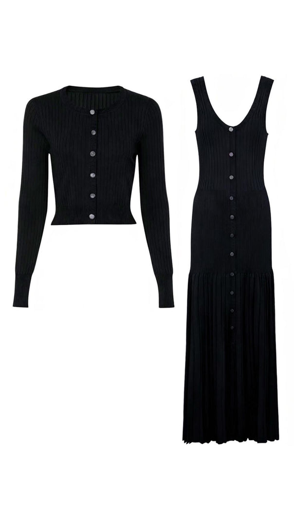 AIIZIE Jackie Black Ribbed Knit Maxi Dress & Cardigan Set - Effortless 2-Piece Style - product image