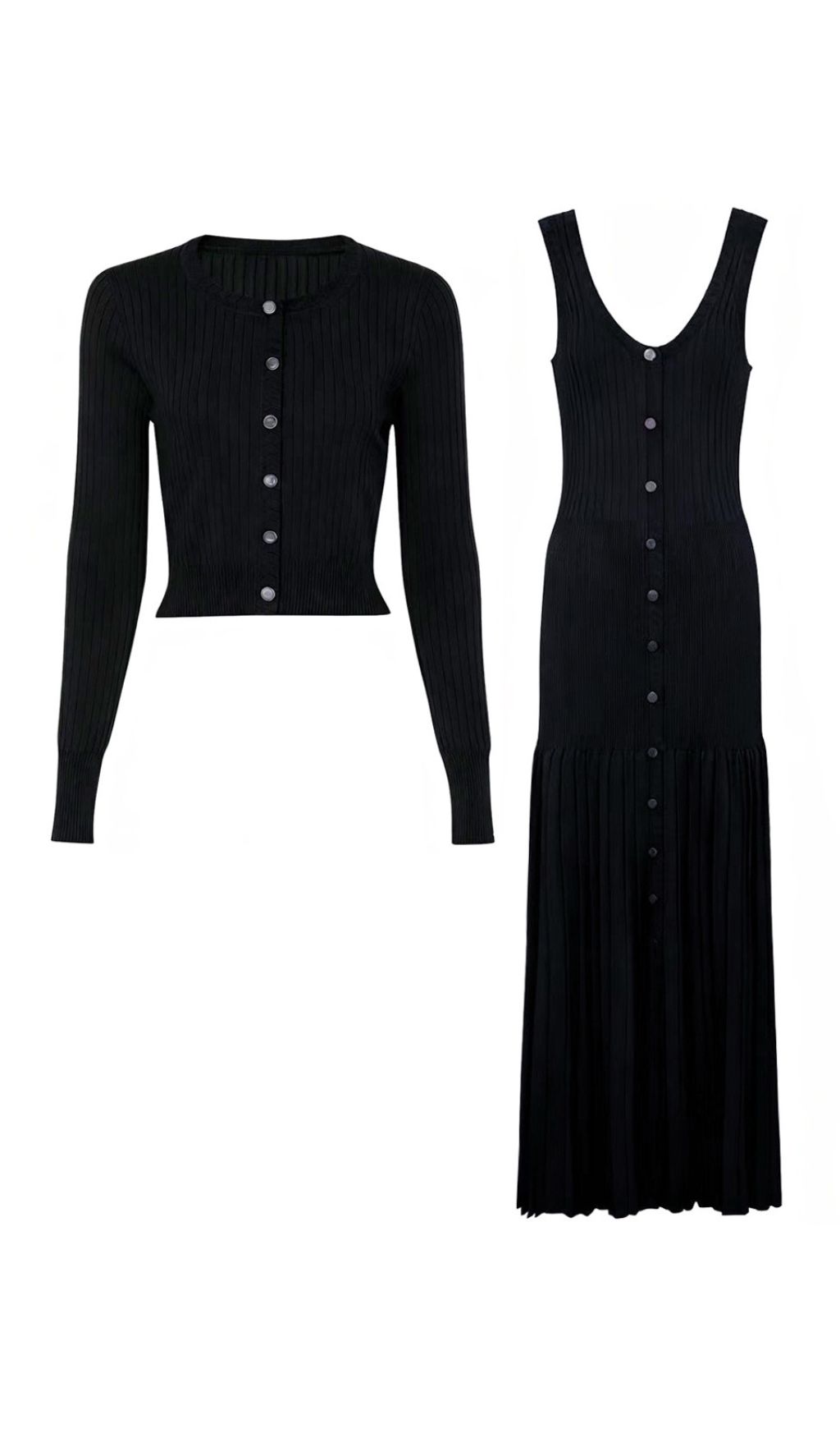 Jackie Black Ribbed Knit Maxi Dress & Cardigan Set - Effortless 2-Piece Style