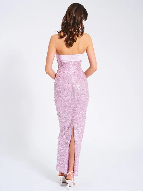 PINK SATIN SEQUIN PEARLS BEADED MAXI DRESS