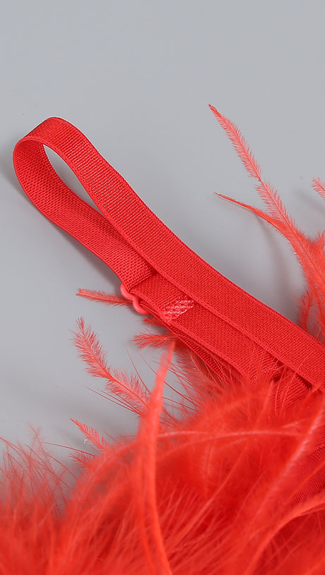 OFF-SHOULDER FEATHER PANEL RED DRESS